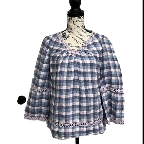 Chicos Crochet-Detail Gingham Linen Popover Top Beach Boho Modest Mature Prep 0 - Picture 2 of 10